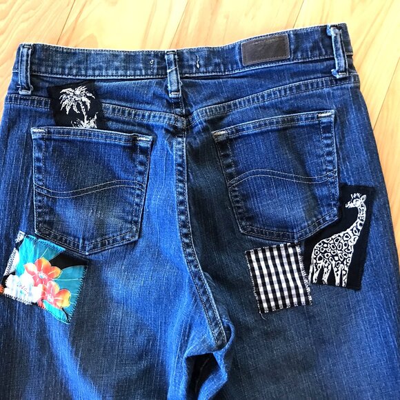 Boho Hippie Patch Jeans, Size 8 Long: Upcycled, Tropical Patchwork, Giraffes - Picture 14 of 16